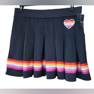 Bodyrage Black Pleated Mini Skirt With Rainbow And Colorful Embroidered Heart